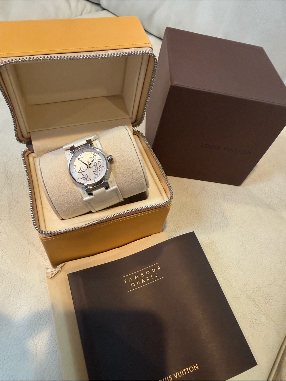 Louis Vuitton White Tambour Monogram Floral Dial Watch
